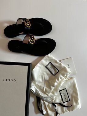 Gucci Marmont Double G Black Leather Slides